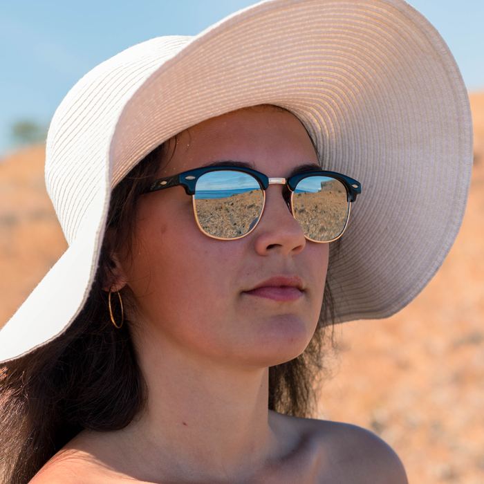 Femme au grand chapeau blanc et lunettes de soleil